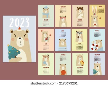 Yearly monthly design calendar for 2023 with cute bear. Set of 12 pages and cover in English. Vector illustration. Vertical template. Week from Sunday. Stationery, planner, organizer with Funny animal