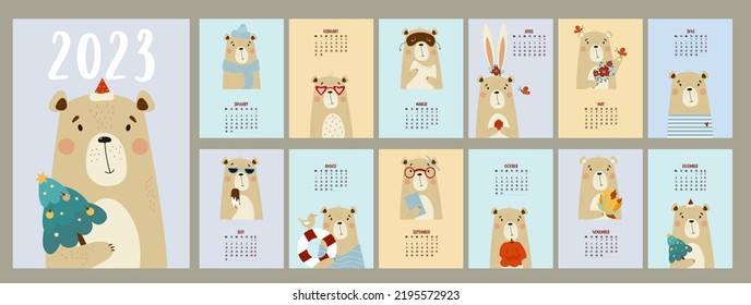 Yearly monthly design calendar 2023 with cute bear. Set of 12 pages and cover in English. Vector Vertical template. Week from Monday. Stationery, planner, organizer with Funny animal pastel color