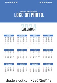 Yearly One Page Calendar Template for 2024 Year. Wall Calendar in a Business Modern Style. Week Starts on Sunday. Place for Photo and Logo.