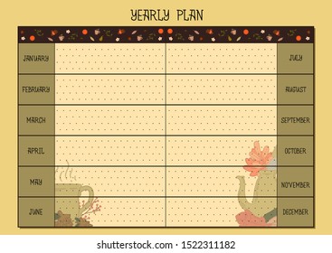 Yearly Plan Cosy Cooking blank page design. Vector isolated graphic design elements and illustrations. Diary, journal, planner, notebook, organizer. Cosy kitchen, cup, cattle, leaves, pine cones. 