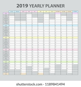 Yearly planner 2019 realistic printable template for office appointments tasks management overview calendar grey background vector illustration 
