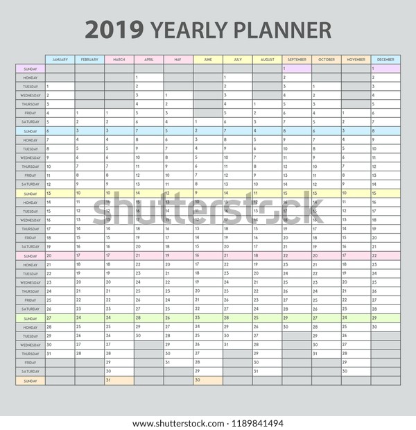 Yearly Planner 2019 Realistic Printable Template: vector de stock ...
