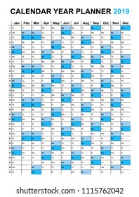 Yearly planner for the 2019 year.  Empty template. New 2019 Year calendar in english. Organizer. Scheduler vector illustration. Calendar year planner 2019.