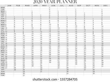 Yearly Planner Calendar 2020 - Annual Planner - English Calendar - Week starts on Monday - Vector