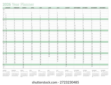Yearly planner calendar template 2026. Green vector illustration for scheduling and organizing. Clean layout for business or personal planning. Printable yearly calendar template 2026 for agenda
