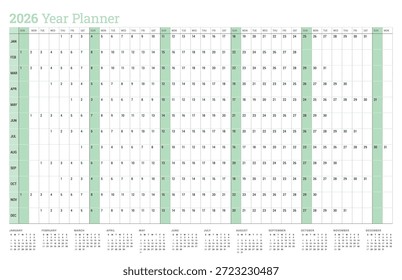 Plantilla anual del calendario del planificador para 2026. Una Ilustración vectorial verde para la programación. Plantilla anual simple del calendario 2026 para el orden del día y la organización. Herramienta de planificador de negocios imprimible