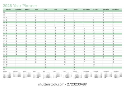 Yearly planner calendar template 2026. A green vector illustration for organizing daily tasks. A clean yearly calendar template 2026 for agenda and scheduling. Printable business organizer