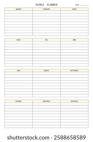 Yearly planner calendar template with for notes. Vector illustration.