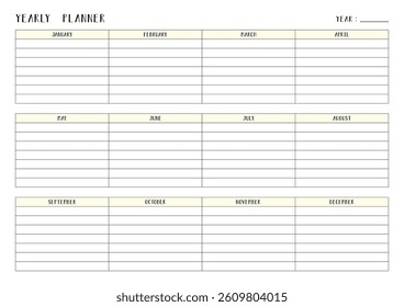 Yearly planner calendar template with for notes. Vector illustration.