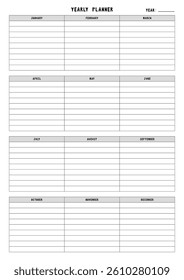 Yearly planner calendar template with for notes. Vector illustration.