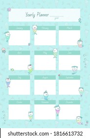 Yearly Planner. Cute organizer decorated with little mermaid kittens and sea creatures. Vector 10 ESP.