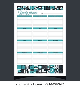 Yearly planner geometric. Yearly planner printable template with geometric shapes. Blank white notebook page A4. Vector illustration.