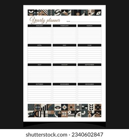 Yearly planner geometric. Yearly planner printable template with geometric shapes. Blank white notebook page A4. Vector illustration.