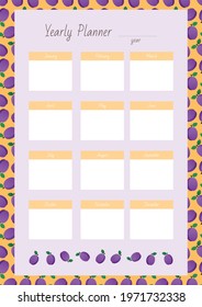 Yearly Planner. Notebook page on a background of a cute plum pattern. Vector 10 ESP.