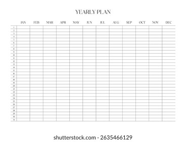 Yearly Planner on 1 Page Landscape, Year At a Glance, Calendar Template,  Printable and Fillable, Monthly calendar templates
