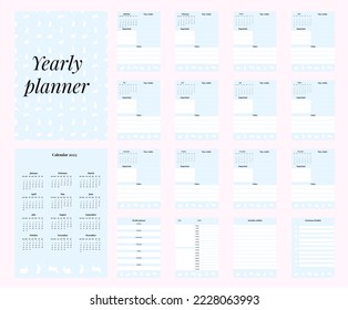Yearly planner template for 2023 with calendar and monthly pages. Wish list for Christmas. Plan for the day, week, month. A4 format with bleed and safe area for text.