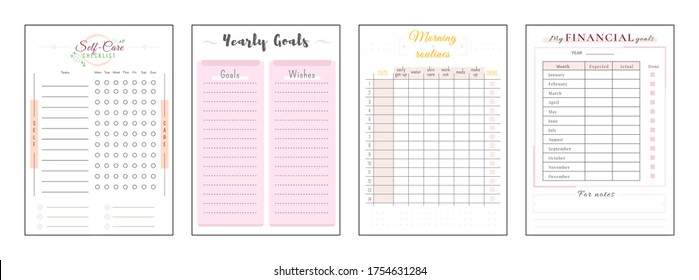 Yearly resolution minimalist planner page set. Self care checklist. Goals and wishes. Finance management. Cute pink personal organizer printable sheet layout. Vertical insert for diary