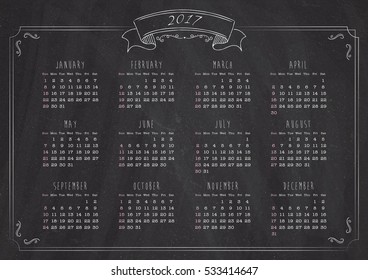 Yearly retro calendar on the blackboard background in vector format