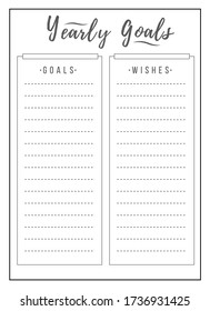 Yearly schedule minimalist planner page design. List grid to plan annual task. Make note. New year resolutions bullet journal printable sheet. Personal organizer. Notebook vector template