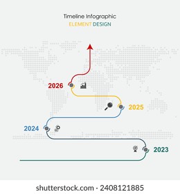 Mapa del mundo de la infografía de la línea de tiempo anual con texto simple y flecha hacia arriba, objetivo de motivación del liderazgo y diseño gráfico del diagrama de datos para presentación y espacio de copia para texto y diseño