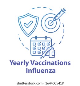 Yearly vaccination for influenza concept icon. Injection in time. Infection precaution. Healthcare treatment. Flu virus idea thin line illustration. Vector isolated outline RGB color drawing