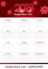 Yearly wall calendar design for 2019 with paper cut flowers on glossy red background.