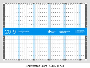 Yearly Wall Calendar Planner Template for 2019 Year. Vector Design Print Template. Week Starts Monday