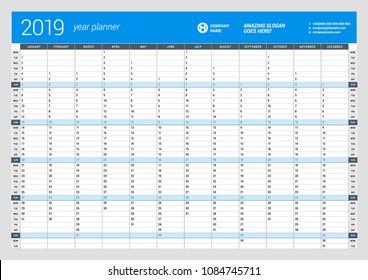 Yearly Wall Calendar Planner Template for 2019 Year. Vector Design Print Template. Week Starts Monday