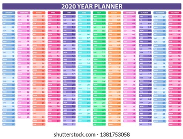 Jahresplaner für 2020 Jahr. Vectordesign-Druckvorlage.