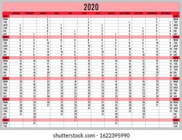 Yearly Wall Calendar Planner Template for 2020 Year. The calendar. Planner of affairs. Organizer Important dates. Vector illustration