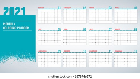 Yearly Wall Calendar Planner Template for 2021 Year. Vector Design Print Template. Week Starts Monday. Stock vector illustration isolated on white background.