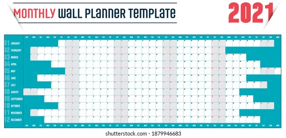 Yearly Wall Calendar Planner Template for Year 2021. Vector Design Print Template. Week Starts Monday. Stock vector illustration isolated on white background.