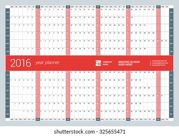 Yearly Wall Calendar Planner Template for 2016 Year. Vector Design Print Template. Week Starts Monday