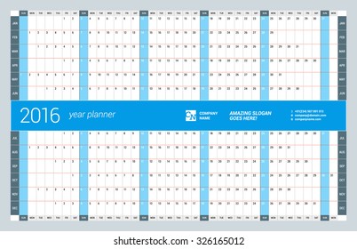 Yearly Wall Calendar Planner Template for 2016 Year. Vector Design Print Template. Week Starts Sunday