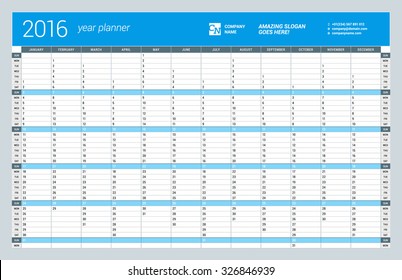 Yearly Wall Calendar Planner Template for 2016 Year. Vector Design Print Template. Week Starts Sunday