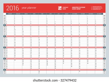 Yearly Wall Calendar Planner Template for 2016 Year. Vector Design Print Template. Week Starts Monday