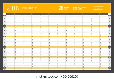 Yearly Wall Calendar Planner Template for 2016 Year. Vector Design Print Template. Week Starts Sunday