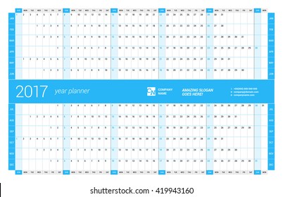 Yearly Wall Calendar Planner Template for 2017 Year. Vector Design Print Template. Week Starts Sunday