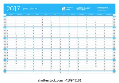 Yearly Wall Calendar Planner Template for 2017 Year. Vector Design Print Template. Week Starts Sunday