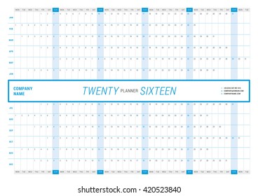 Yearly Wall Calendar Planner Template for 2016 Year. Vector Design Print Template. Week Starts Monday. Landscape orientation