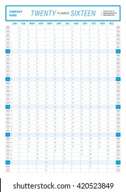 Yearly Wall Calendar Planner Template for 2016 Year. Vector Design Print Template. Week Starts Monday. Portrait orientation