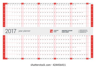 Yearly Wall Calendar Planner Template for 2017 Year. Vector Design Print Template. Week Starts Sunday