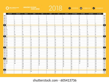 Yearly Wall Calendar Planner Template for 2018 Year. Vector Design Print Template. Week Starts Monday