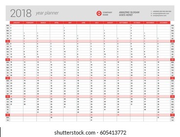 Plantilla anual del planificador de pared para el año 2018. Plantilla de impresión de diseño de vectores. La semana empieza el lunes