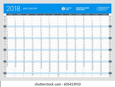 Plantilla anual del planificador del calendario de pared para el año 2018. Plantilla de impresión de diseño de vectores. La semana empieza el lunes