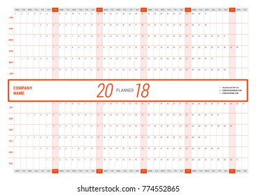 Yearly Wall Calendar Planner Template for 2018 Year. Vector Design Print Template. Week Starts Monday. Landscape orientation