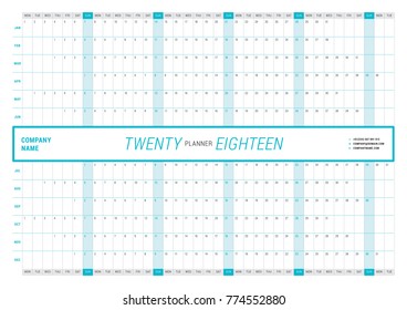 Yearly Wall Calendar Planner Template for 2018 Year. Vector Design Print Template. Week Starts Monday. Landscape orientation