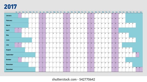 Yearly wall planner for 2017 year. Template. Vector illustration .eps10