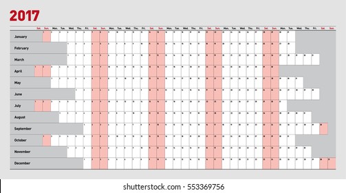 Yearly wall planner for 2017 year. Template. Vector illustration .eps10