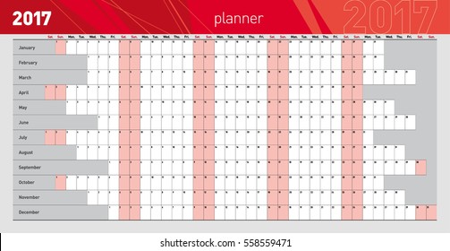 Yearly wall planner for 2017 year. Template. Vector illustration .eps10